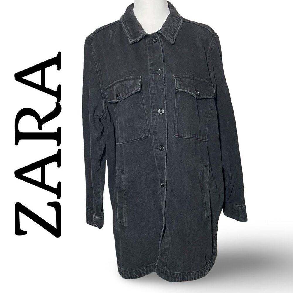 ZARA Oversized Distressed Denim Jacket, Black, Button Closure, Size Large